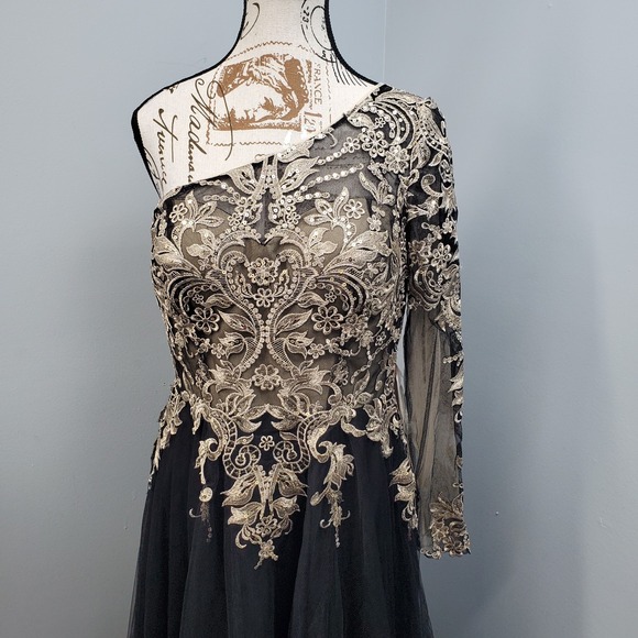 JJ's House Party Dress Womens L Black Gold Embroidered Lace Sequin One Shoulder - Picture 6 of 13
